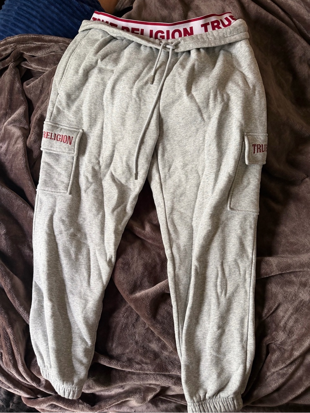 True Religion Light Gray Jogger Sweatpants with Red Logo Waistband